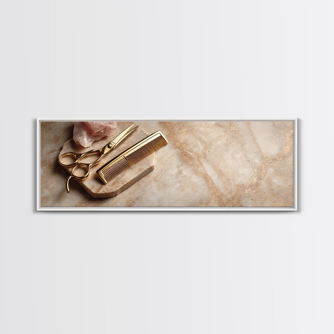 Gold Scissors and Comb Still Life on Canvas Print, Hair Salon Art, Black Art Prints, Living Room Decor, Fine Art, Style, HSA-3x1-66