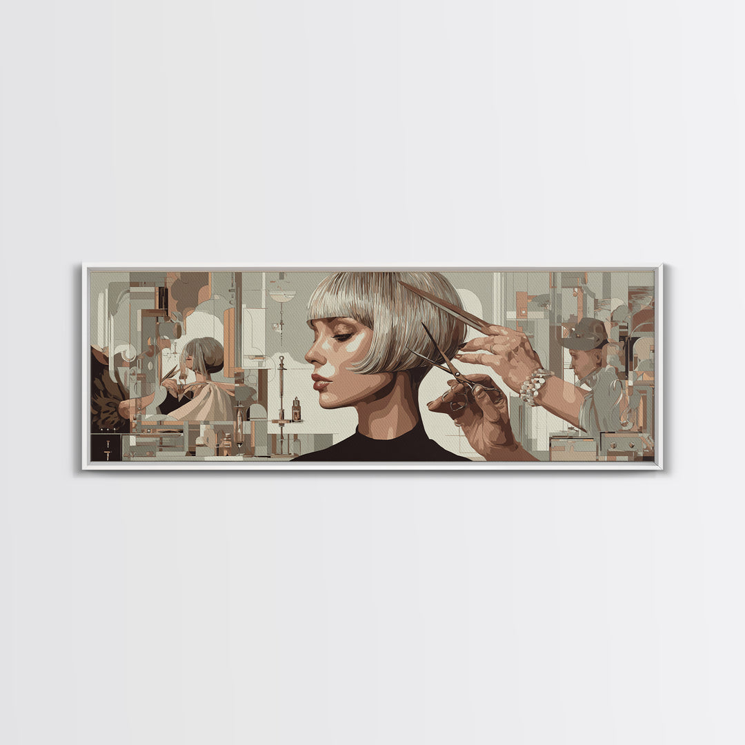 Woman with Dramatic Bob Haircut in Art Framed Canvas Print, Hair Salon Art, Contemporary Art, Living Room Decor, Style, HSA-3x1-68