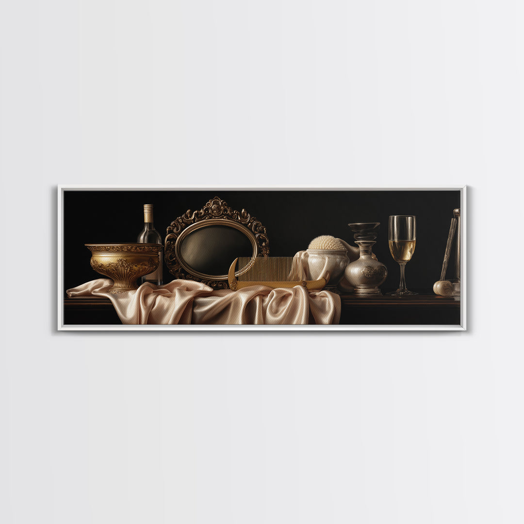 Baroque Mirror and Comb Still Life Framed Canvas Print, Hair Salon Art, Black Girl Art, Living Room Decor, Fine Art, Style, HSA-3x1-81