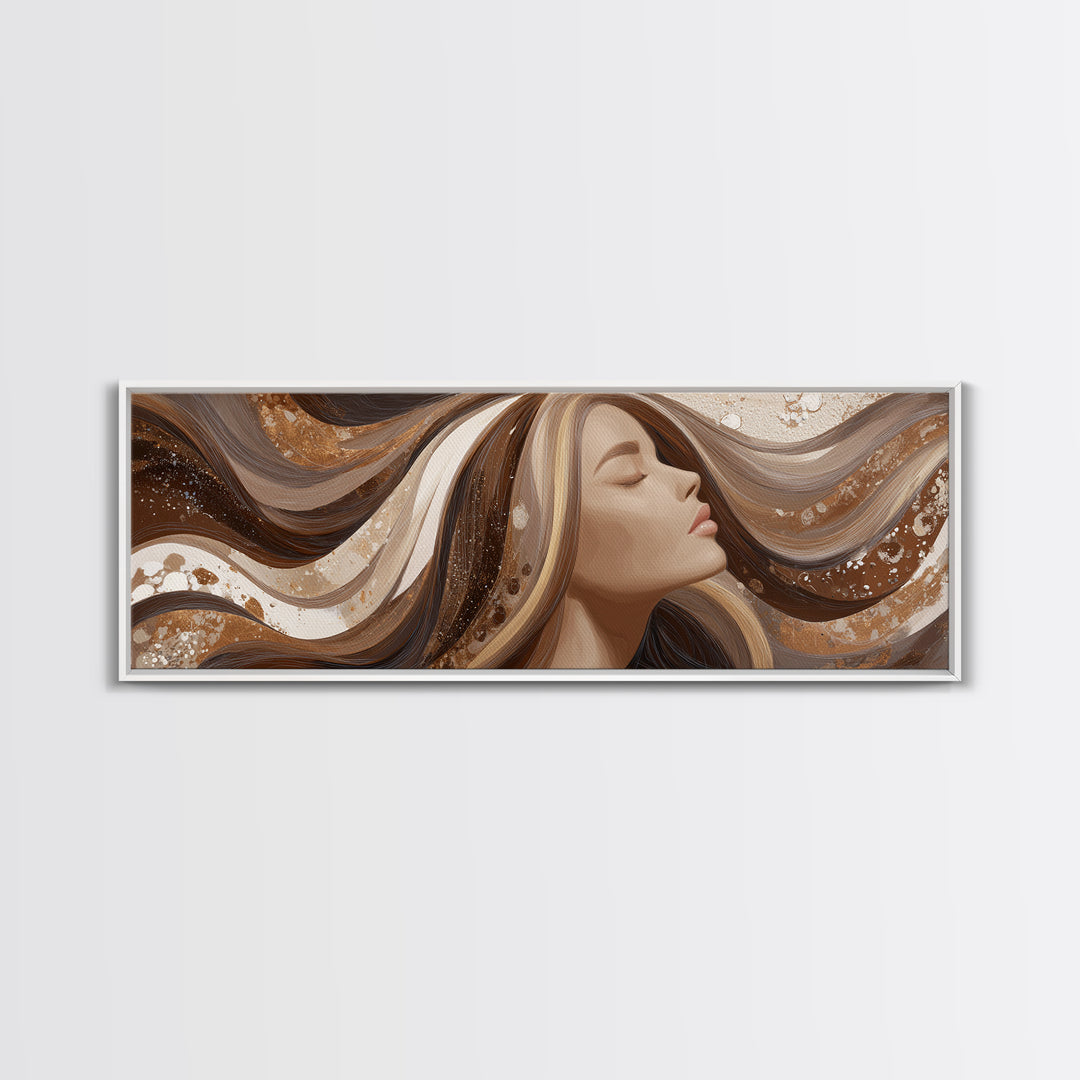 Fashion Portrait with Flowing Glossy Hair Framed Canvas Print, Hair Salon Art, Salon, Living Room Decor, Fine Art, Style, HSA-3x1-89