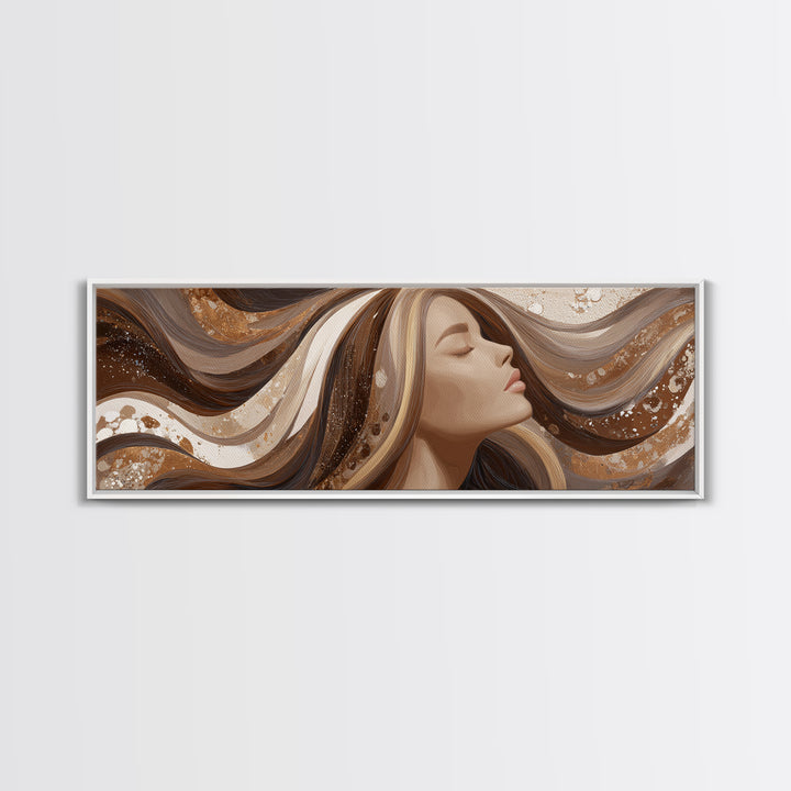 Fashion Portrait with Flowing Glossy Hair Framed Canvas Print, Hair Salon Art, Salon, Living Room Decor, Fine Art, Style, HSA-3x1-89