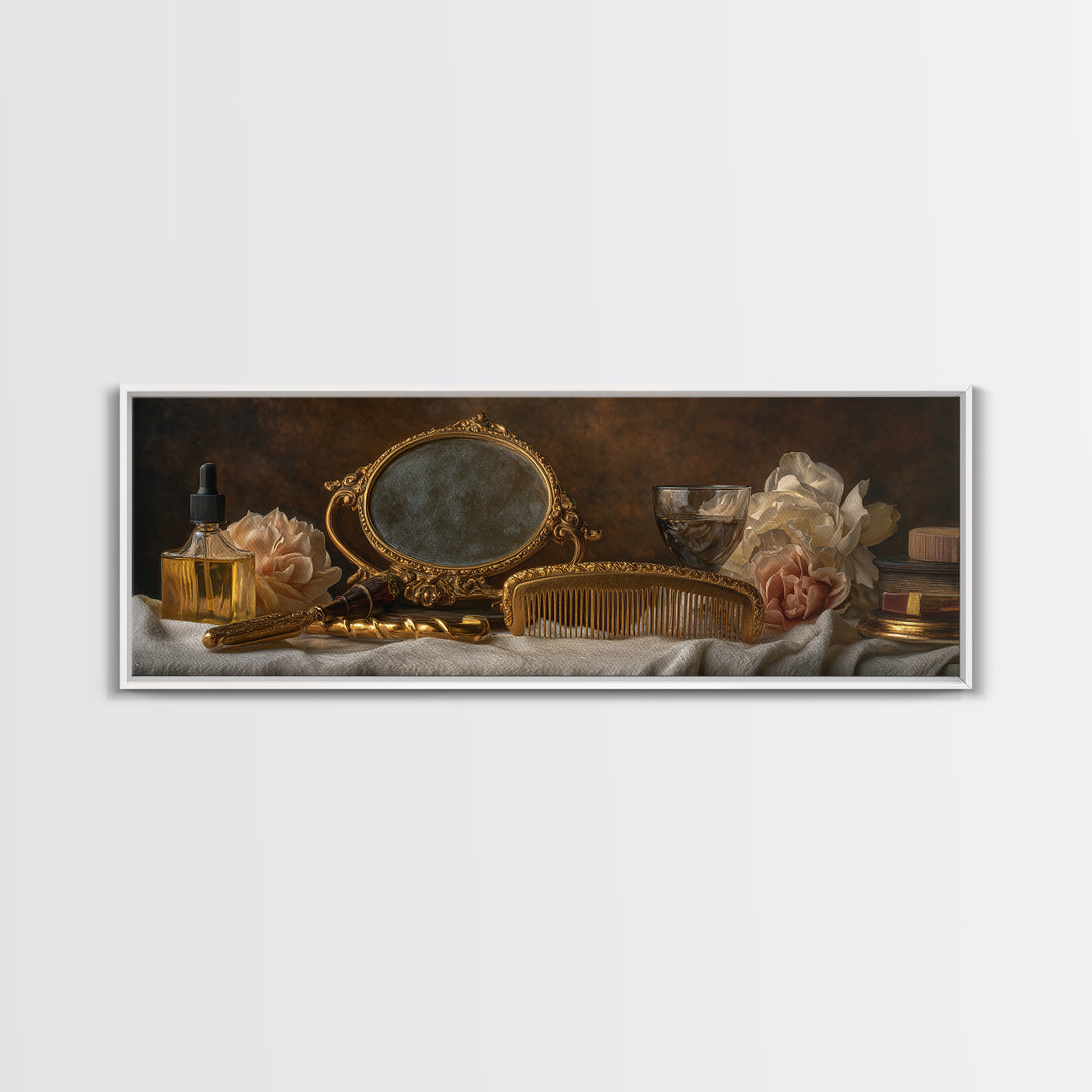 Baroque Mirror and Comb Still Life Framed Canvas Print, Hair Salon Art, Printable Art, Living Room Decor, Fine Art, Style, HSA-3x1-9