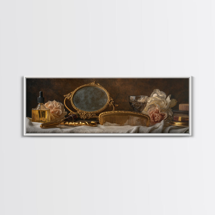 Baroque Mirror and Comb Still Life Framed Canvas Print, Hair Salon Art, Printable Art, Living Room Decor, Fine Art, Style, HSA-3x1-9