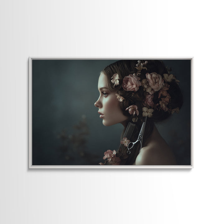 Botanical Hairstyle Portrait Framed Canvas Print, Hair Salon Art, Modern Art, Living Room Decor, Oil Painting, Style, HSA-3x2-10