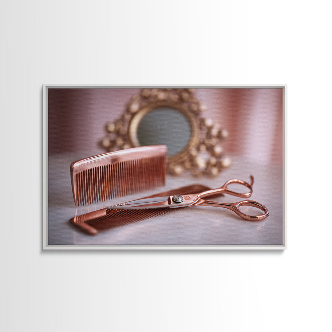 Rose Gold Salon Tool Still Life Framed Canvas Print, Hair Salon Art, Metal Wall Art, Living Room Decor, Fine Art, Style, HSA-3x2-18