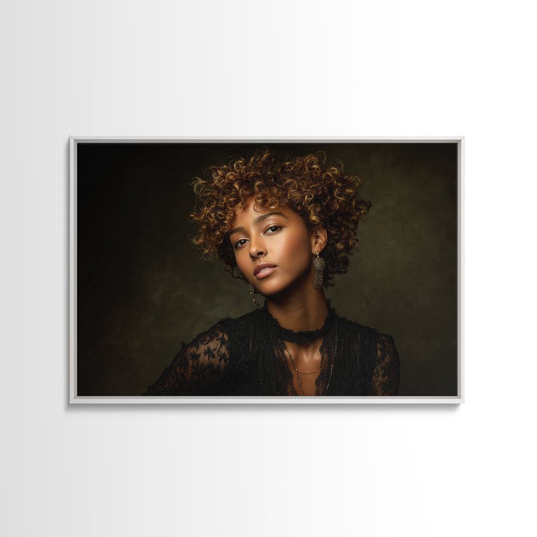 Curly Hair Portrait Framed Canvas Print, Hair Salon Art, Afrocentric Art, Living Room Decor, Fine Art, Style, Statement Artwork, HSA-3x2-19