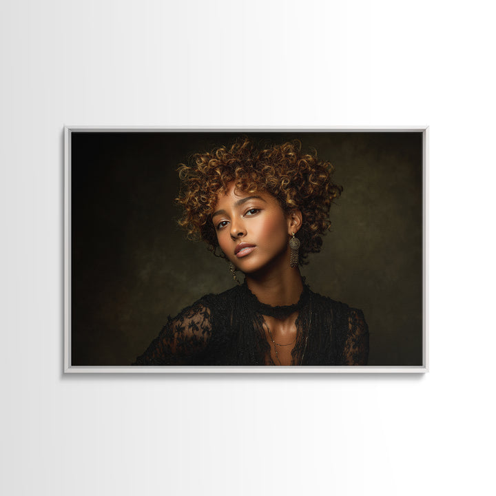 Curly Hair Portrait Framed Canvas Print, Hair Salon Art, Afrocentric Art, Living Room Decor, Fine Art, Style, Statement Artwork, HSA-3x2-19