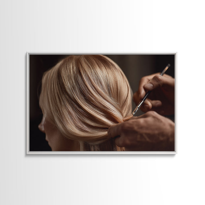 Elegant Hands Styling Hair Framed Canvas Print, Hair Salon Art, Digital Prints, Living Room Decor, Style, Black Woman Art, HSA-3x2-2