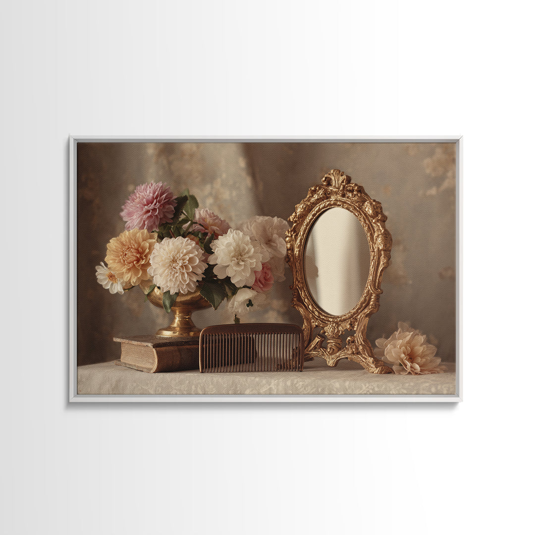 Baroque Mirror and Comb Still Life Canvas Print, Hair Salon Art, Black Owned Art, Living Room Decor, Fine Art, Style, HSA-3x2-21