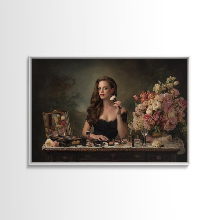 Makeup Palette and Flowers Arrangement Canvas Print, Hair Salon Art, Black Art, Living Room Decor, Watercolor Art, Style, HSA-3x2-22
