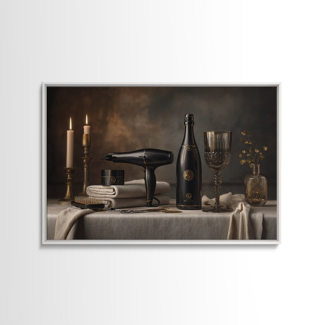 Luxury Black and Gold Beauty Emblem Framed Canvas Print, Hair Salon Art, Black Wall Art, Living Room Decor, Fine Art, Style, HSA-3x2-28
