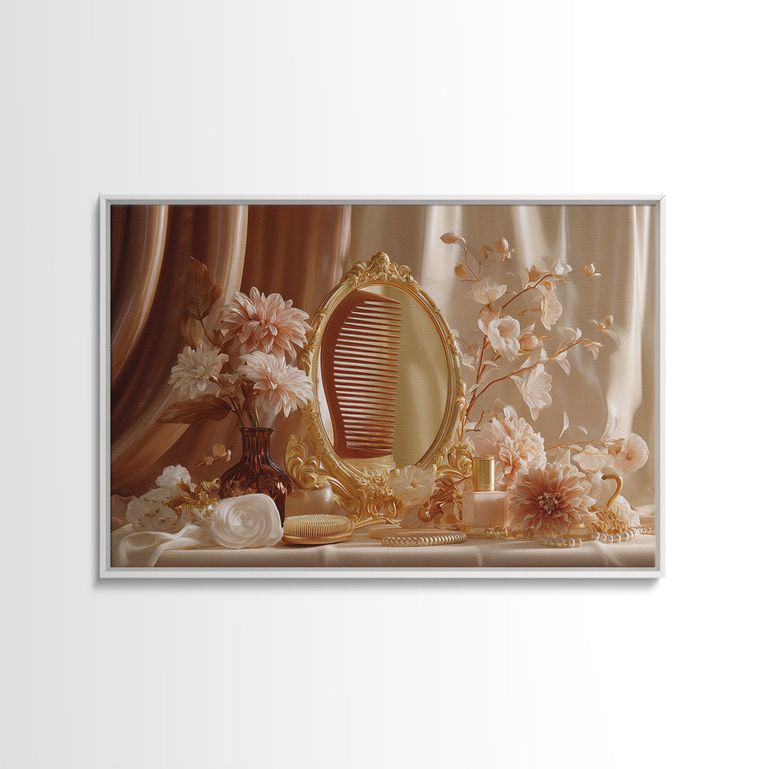 Baroque Mirror and Comb Still Life Framed Canvas Print, Hair Salon Art, Afrocentric Art, Living Room Decor, Fine Art, Style, HSA-3x2-45
