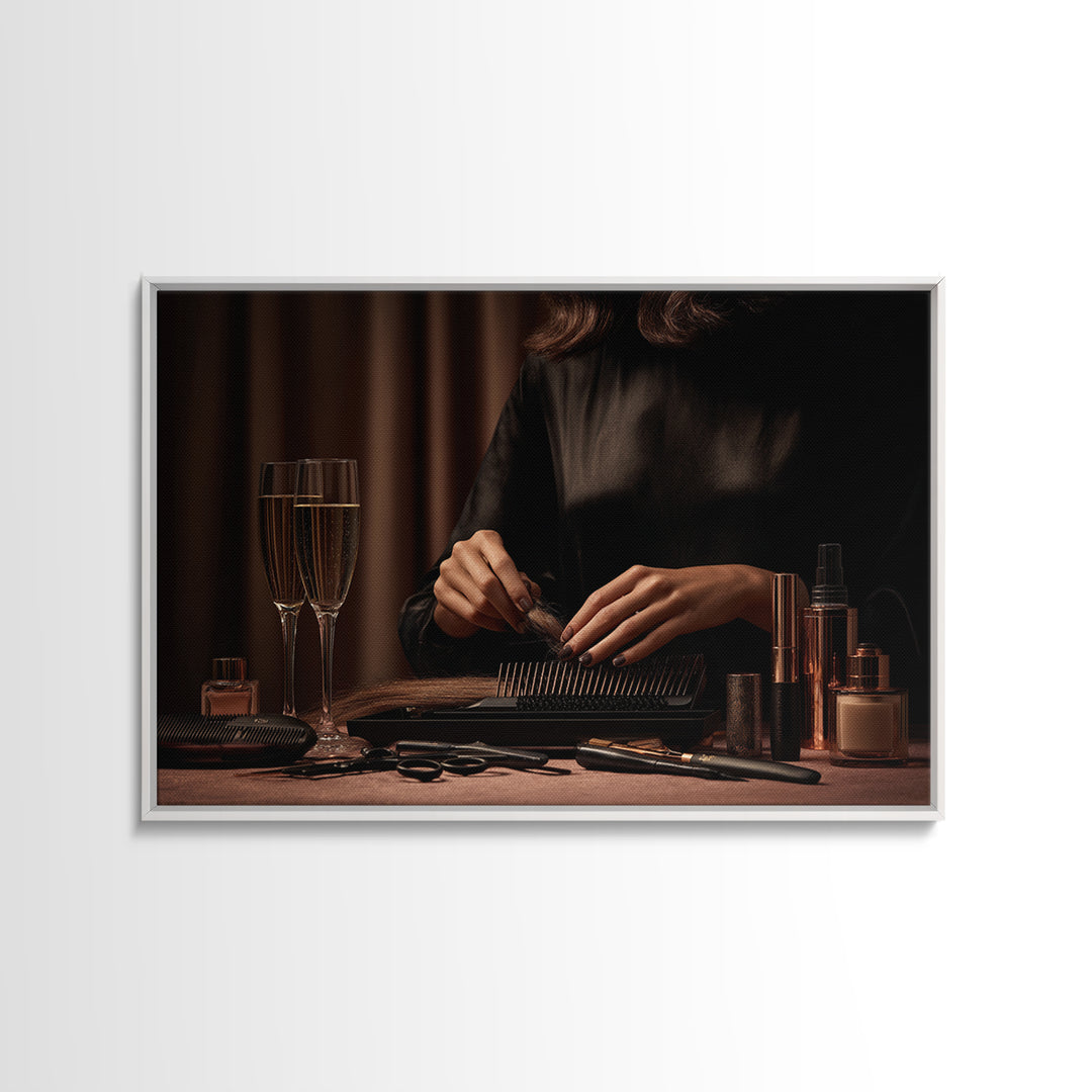 Elegant Hands Styling Hair Framed Canvas Print, Hair Salon Art, African Art, Living Room Decor, Oil Painting, Style, HSA-3x2-50