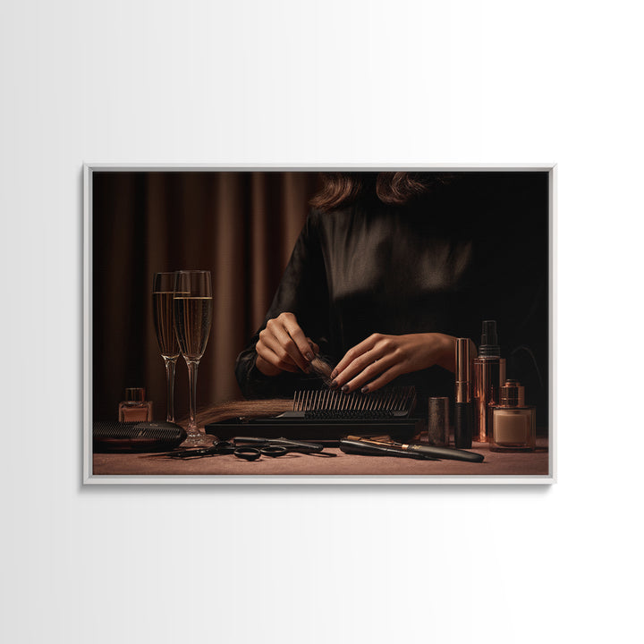 Elegant Hands Styling Hair Framed Canvas Print, Hair Salon Art, African Art, Living Room Decor, Oil Painting, Style, HSA-3x2-50