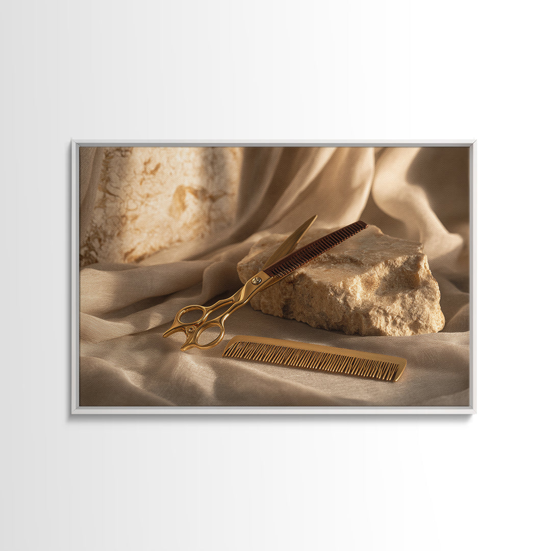 Gold Scissors and Comb Still Life on Canvas Print, Hair Salon Art, Black Woman Art, Living Room Decor, Fine Art, Style, HSA-3x2-54