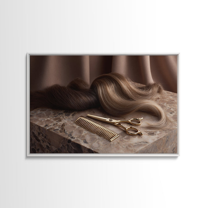 Gold Scissors and Comb Still Life on Framed Canvas Print, Hair Salon Art, Black Wall Art, Living Room Decor, Fine Art, Style, HSA-3x2-6