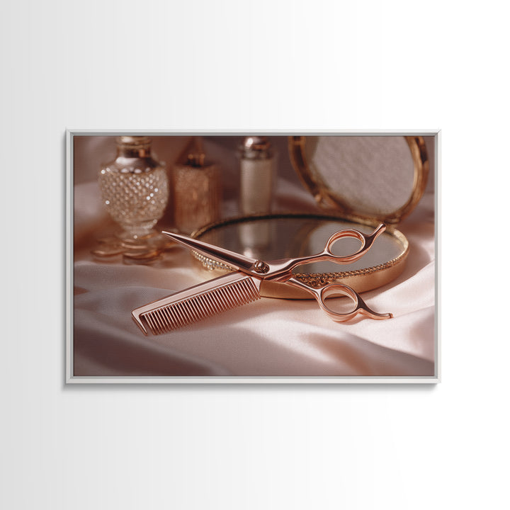 Rose Gold Salon Tool Still Life Canvas Print, Hair Salon Art, African American Art, Living Room Decor, Fine Art, Style, HSA-3x2-66