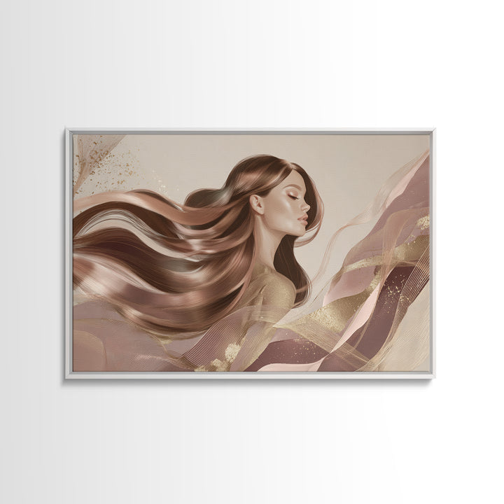 Fashion Portrait with Flowing Glossy Hair Framed Canvas Print, Hair Salon Art, Living Room Decor, Oil Painting, Style, HSA-3x2-77