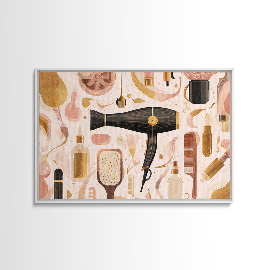 Hairdryer and Brush Framed Canvas Print, Hair Salon Art, Hairdresser Gift, Living Room Decor, Fine Art, Style, HSA-3x2-85