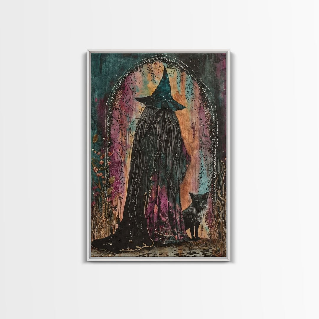 Cottage Core Witch Framed Canvas Print, Springtime Witch, Halloween Art, Halloween Decor, Colorful Halloween Witch Decor Wall Art
