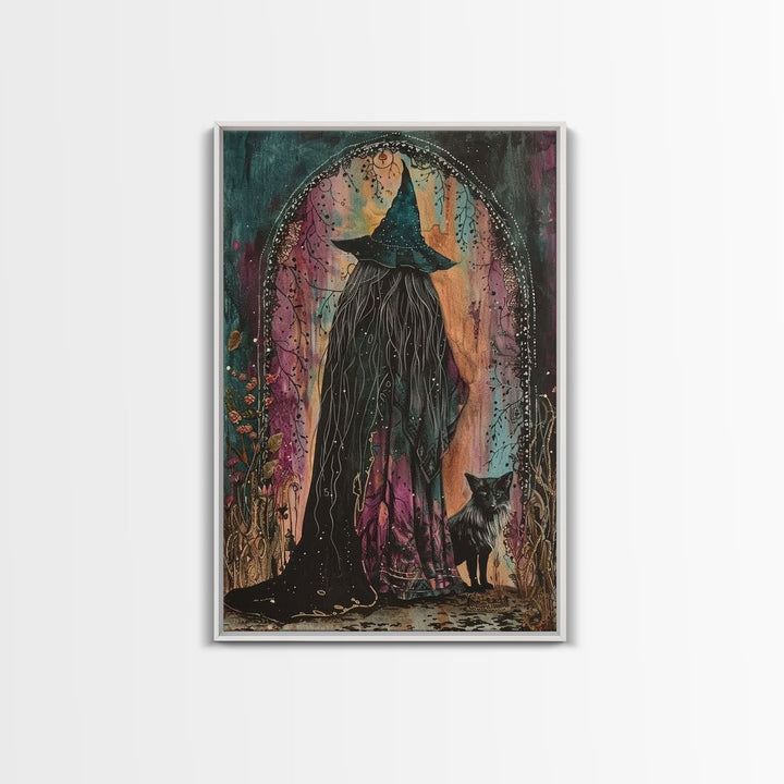 Cottage Core Witch Framed Canvas Print, Springtime Witch, Halloween Art, Halloween Decor, Colorful Halloween Witch Decor Wall Art
