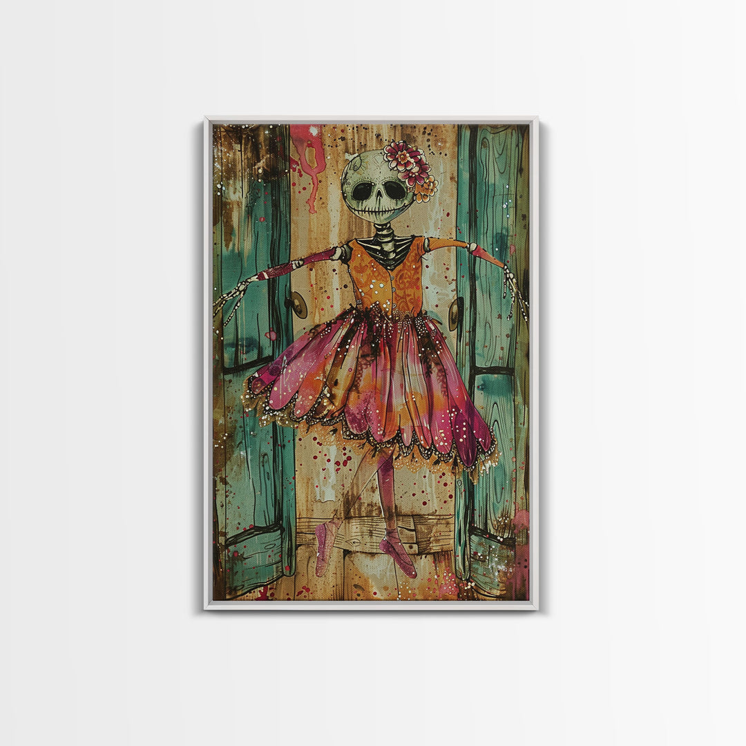 Spooky Skeleton Ballerina, Framed Canvas Print, Halloween Wall Art