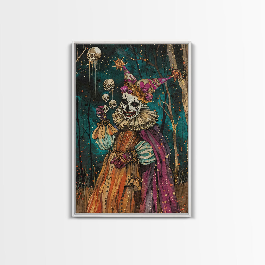 Halloween Sinister Clown in Dark Forest Framed Canvas Print, Creepy Wall Art, Home Decor, Horror Decor, Gift Idea, Spooky Carnival