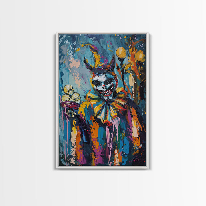 Halloween Grinning Clown with Skulls Framed Canvas Print, Scary Wall Art, Home Decor, Haunted Decor, Gift Idea, Creepy Circus