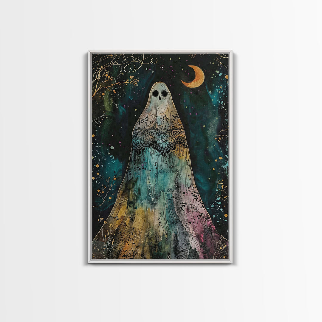 Cottage Core Ghost Decor, Cottagecore Halloween Art Framed Canvas Print, Unique Wall Art, Spooky Season Decor