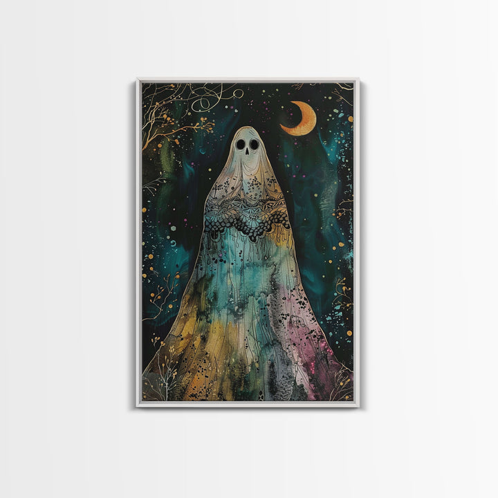 Cottage Core Ghost Decor, Cottagecore Halloween Art Framed Canvas Print, Unique Wall Art, Spooky Season Decor