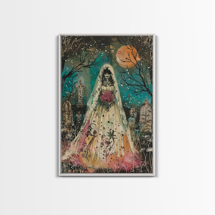 Halloween Skeleton Bride in Cemetery, Framed Canvas Print, Wall Art, Living Room Decor, Spooky, Skeleton Art, Original Painting, Home Decor