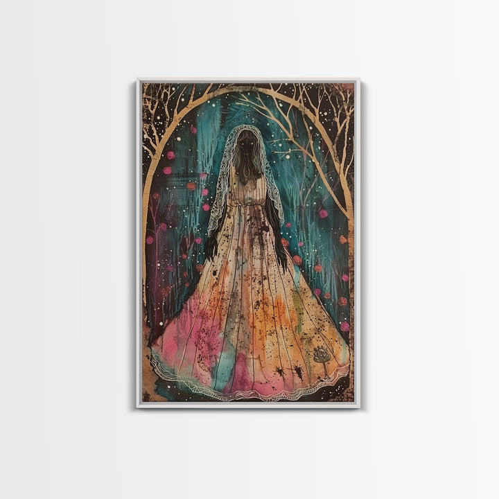 Halloween Veiled Ghost in Cemetery, Framed Canvas Print, Wall Art, Living Room Decor, Spooky, Ghost Art, Original Painting, Home Decor