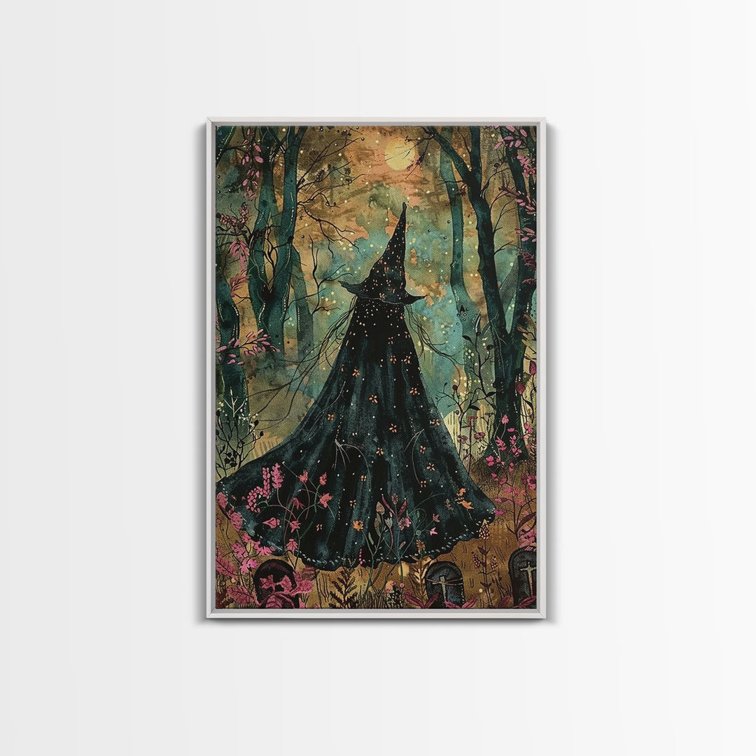 Halloween Witch in Dark Forest, Framed Canvas Print, Wall Art, Living Room Decor, Spooky, Witch Art, Original Painting, Home Decor