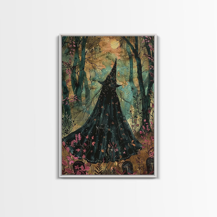 Halloween Witch in Dark Forest, Framed Canvas Print, Wall Art, Living Room Decor, Spooky, Witch Art, Original Painting, Home Decor