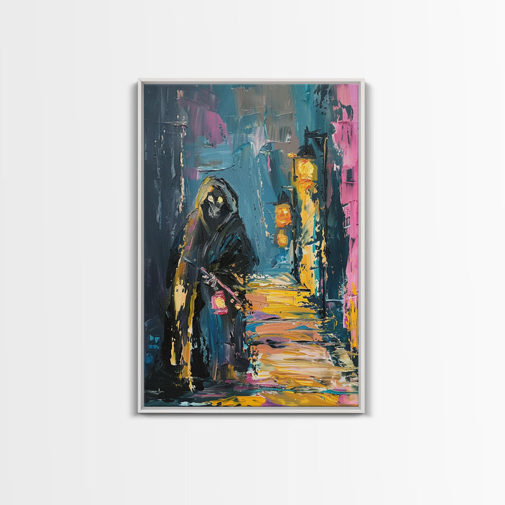 Halloween Grim Reaper with Lantern, Framed Canvas Print, Wall Art, Living Room Decor, Spooky, Grim Reaper Art, Original Painting