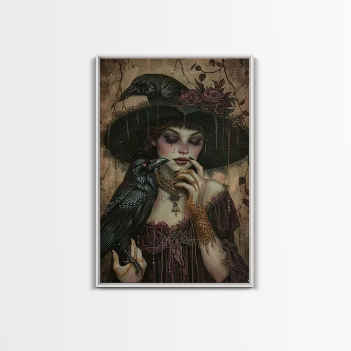 Cottage Core Witch With Raven Framed Canvas Print, Halloween Wall Decor / Wall Art, Spooky Witch, Spooky Month Gift Idea