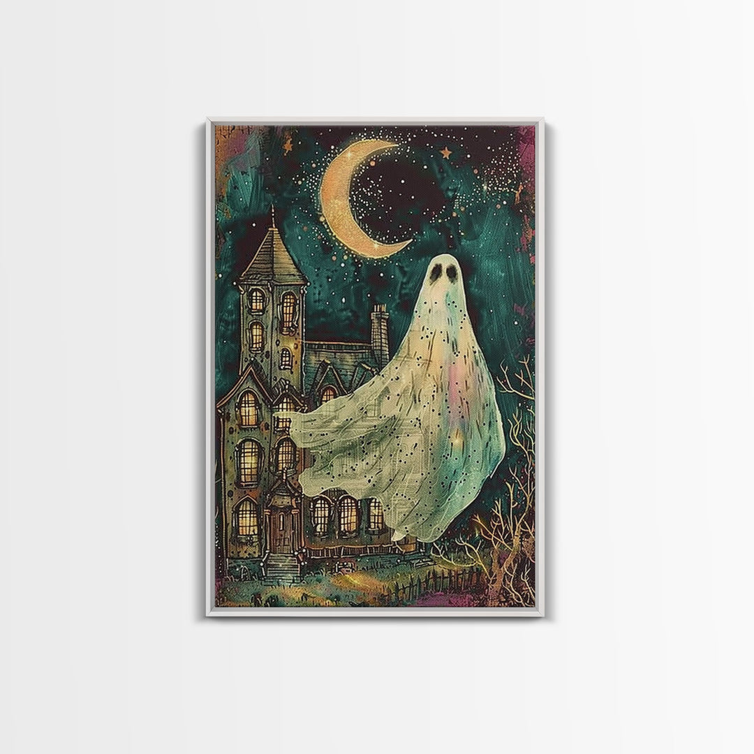 Halloween Ghost with Colorful Background, Framed Canvas Print, Wall Art, Spooky Decor, Halloween Decoration, Living Room Art, Unique Gift
