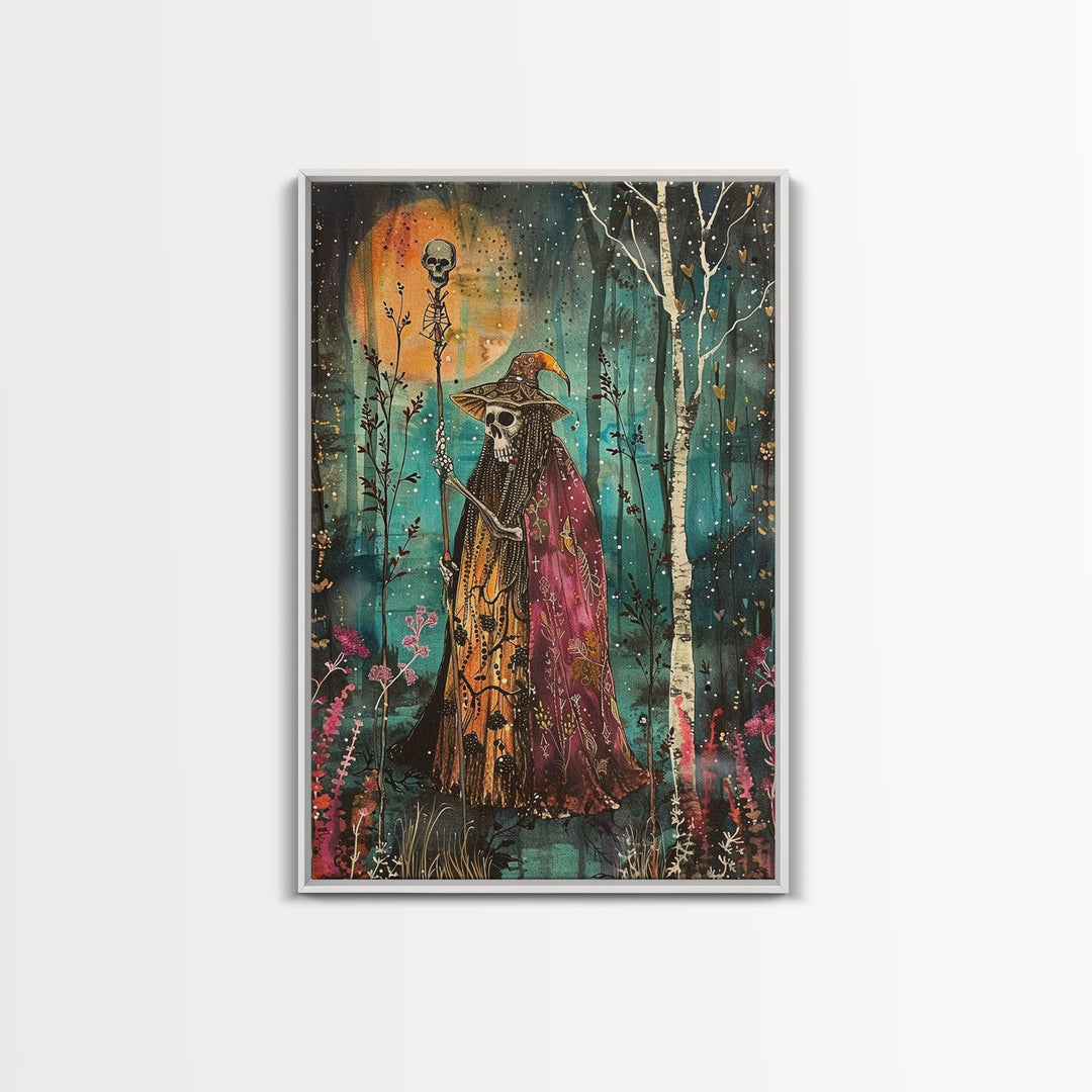 Halloween Skeleton with Spider Webs, Framed Canvas Print, Wall Art, Spooky Decor, Halloween Decoration, Living Room Art, Unique Gift
