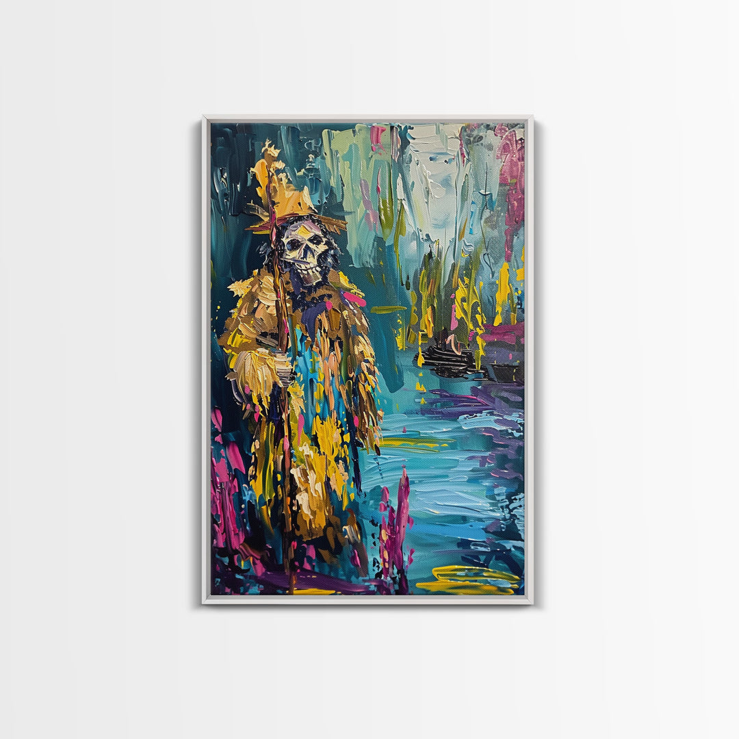 Halloween Skeleton Wizard, Framed Canvas Print, Wall Art, Home Decor, Spooky Artwork, Witchcraft Decor, Fantasy Art, Holiday Decor