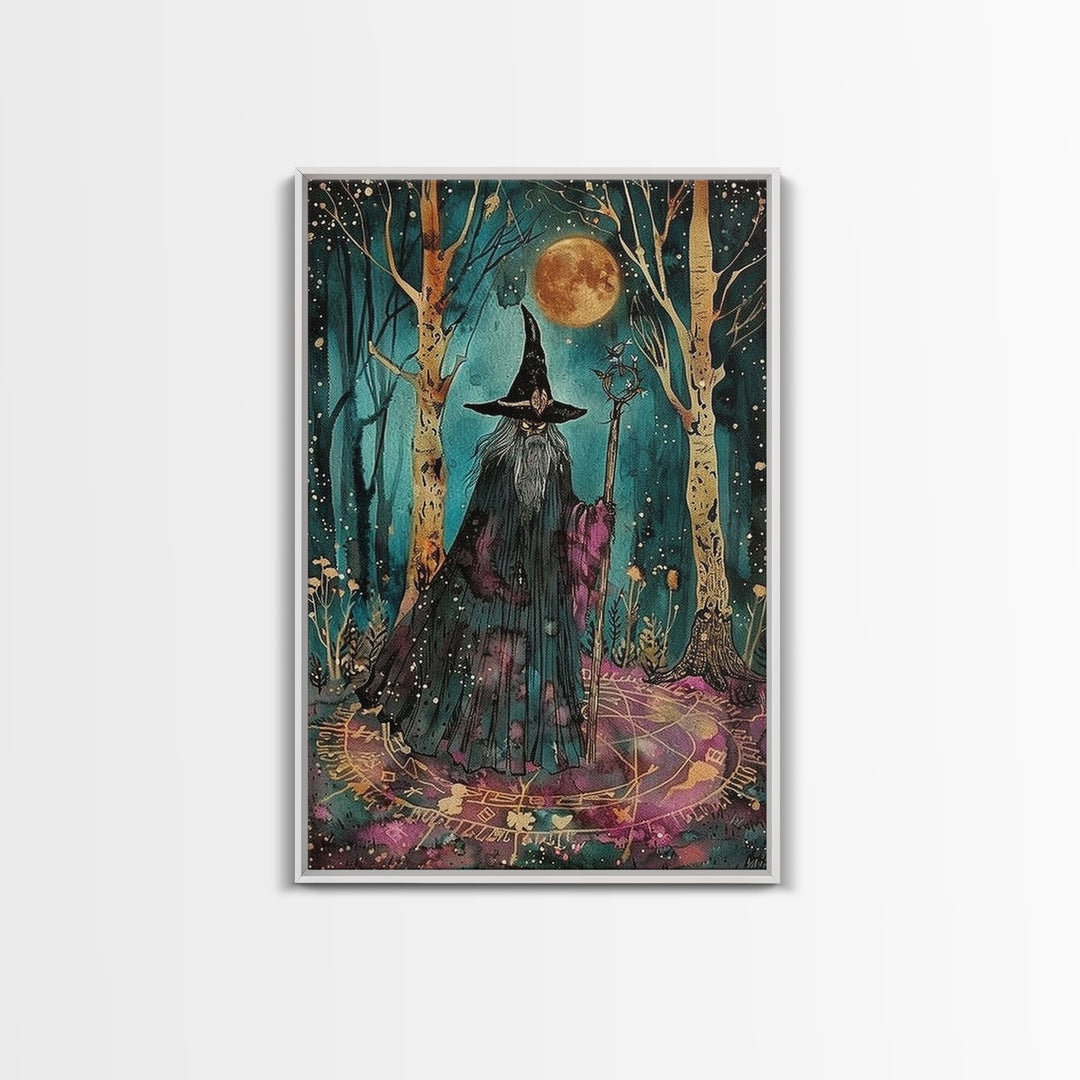 Halloween Wizard in Forest, Framed Canvas Print, Wall Art, Home Decor, Spooky Artwork, Magic Decor, Halloween Decor Painting, Holiday Decor