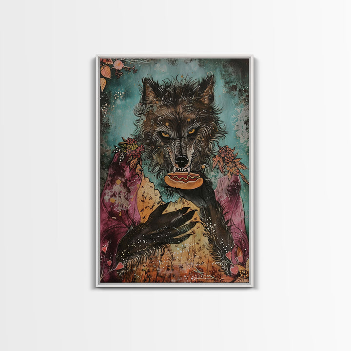 Halloween Werewolf Holding Hotdog, Framed Canvas Print, Wall Art, Home Decor, Spooky Artwork, Fantasy Decor, Halloween Decor