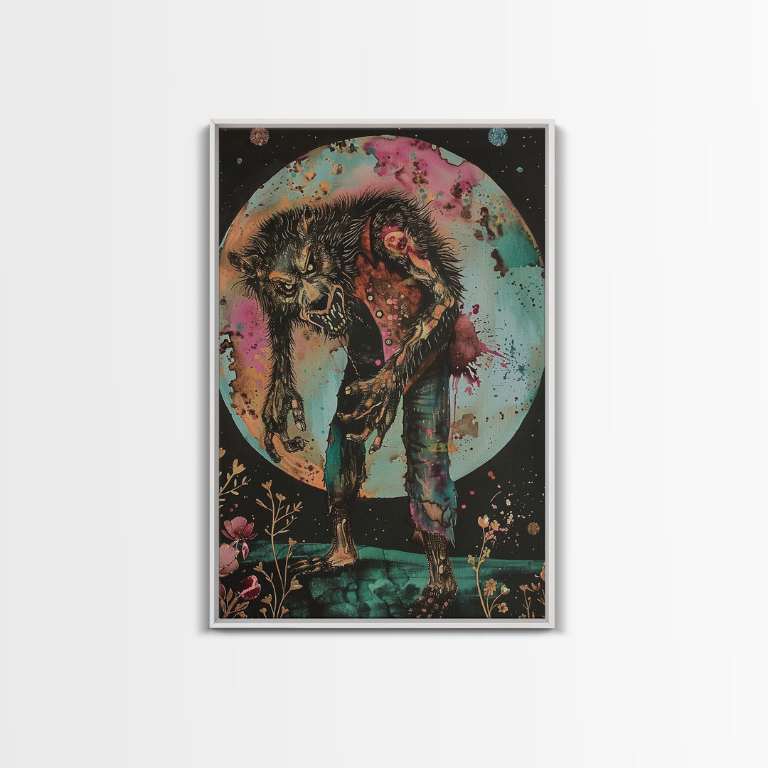 Halloween Werewolf Transformation, Framed Canvas Print, Wall Art, Home Decor, Spooky Artwork, Monster Decor, Halloween Decor, Fantasy Art