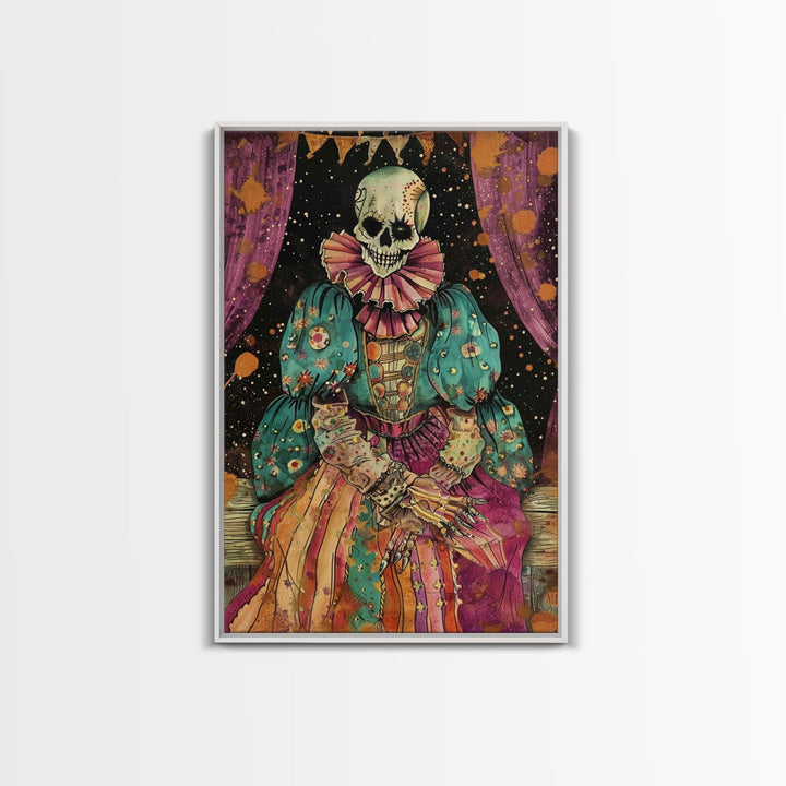 Creepy Skeleton Clown Framed Canvas Print, Cottagecore Halloween Mashup, Spooky Vibes Halloween Decor