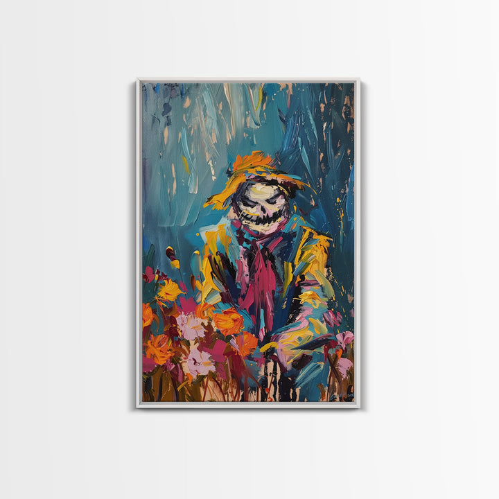 Colorful Scarecrow in Flower Field Framed Canvas Print | Halloween Art | Whimsical Spooky Art | Playful Scarecrow Art for Home Decor
