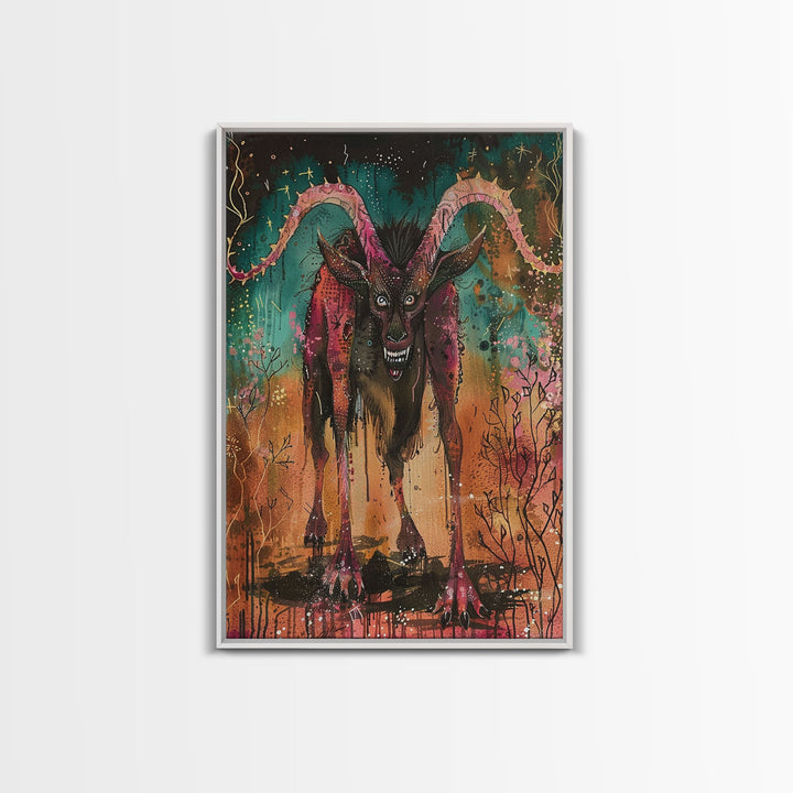 Spooky Goat Demon in the Woods Framed Canvas Print, Halloween Art, Creepy Wall Art Spooky Home Decor, Scary Art Mysterious Living Room Decor
