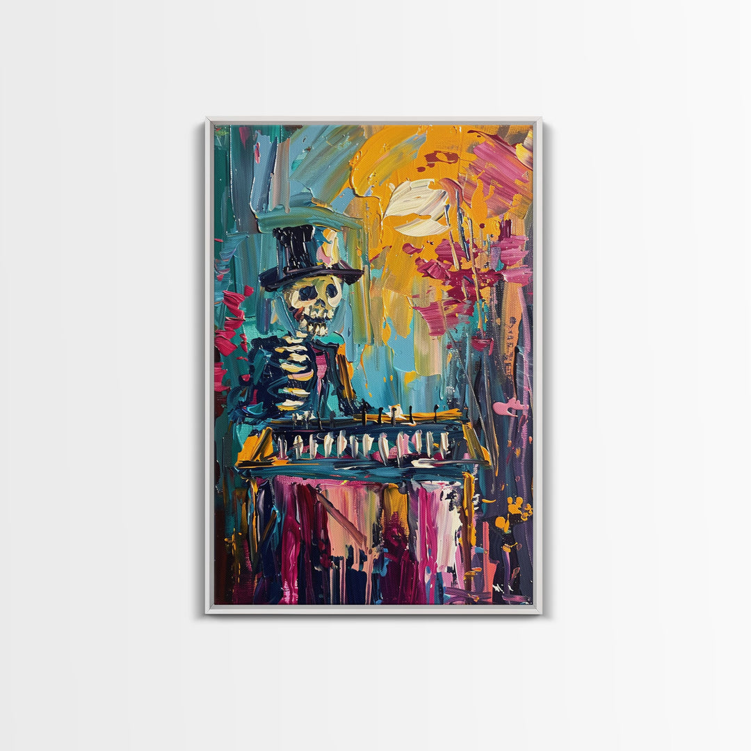 Colorful Skeleton with Top Hat Framed Canvas Print, Halloween Art, Creepy Wall Art, Spooky Home Decor, Scary Art, Vibrant Living Room Decor
