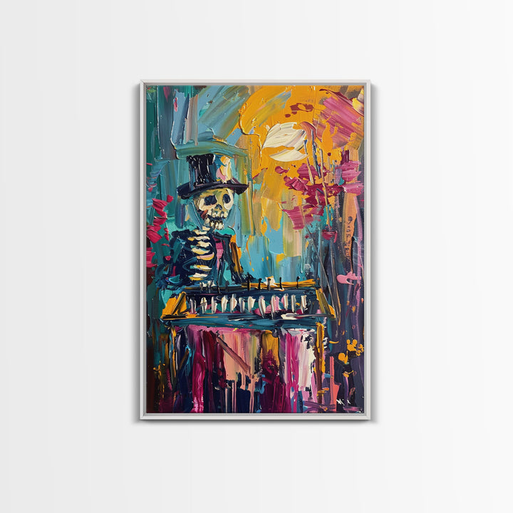 Colorful Skeleton with Top Hat Framed Canvas Print, Halloween Art, Creepy Wall Art, Spooky Home Decor, Scary Art, Vibrant Living Room Decor