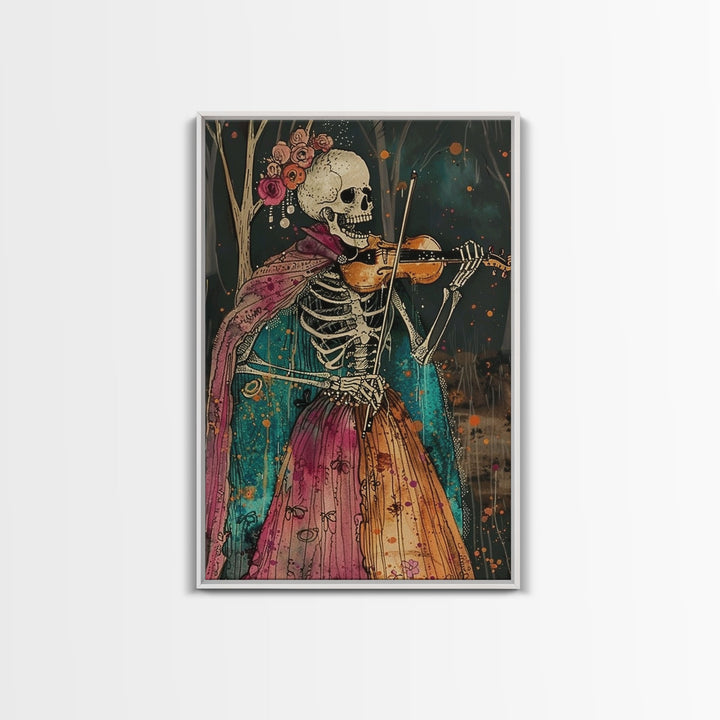 Day of the Dead Skeleton Playing Violin - Colorful Skeleton Art - Dia de los Muertos Inspired Print - Halloween Skeleton Decor