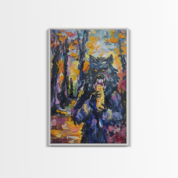 Halloween Art with a Man Holding a Hamburger, Capturing Horror and Humor in One Spooky Wall Art Piece