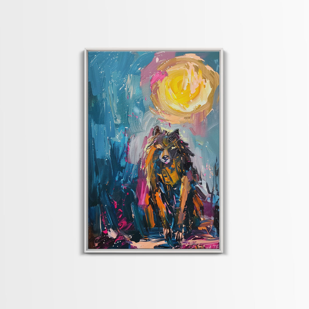 Halloween Art of a Werewolf in a Dress Eating Pizza Under the Moonlight, Perfect for Adding a Playful Touch to Spooky Decor